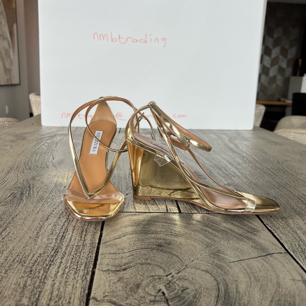 Aquazzura glossy gold metallic leather size 8M(38) strappy wedge heel sandals - Picture 16 of 16